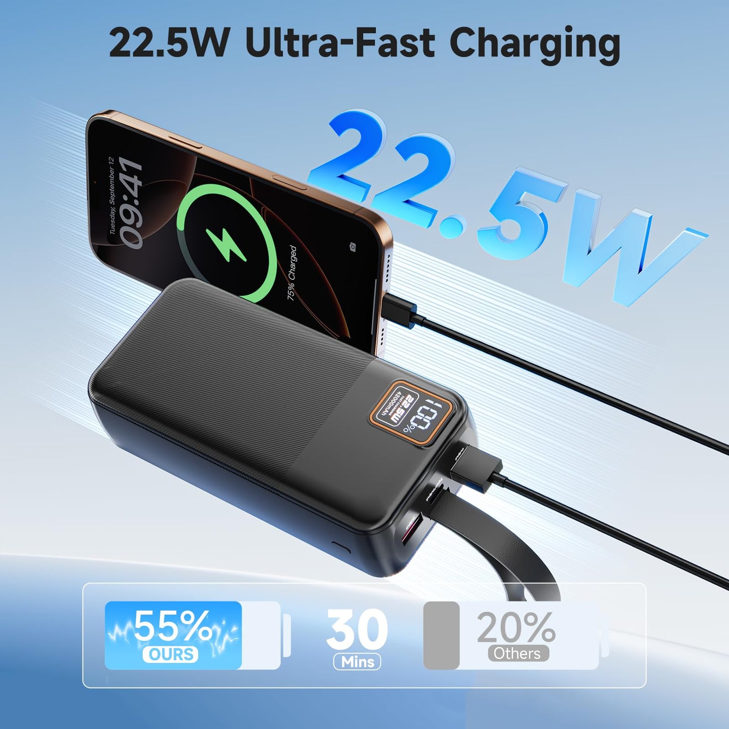 Black power bank charging a smartphone with '22.5W Ultra-Fast Charging' text and battery percentage display.