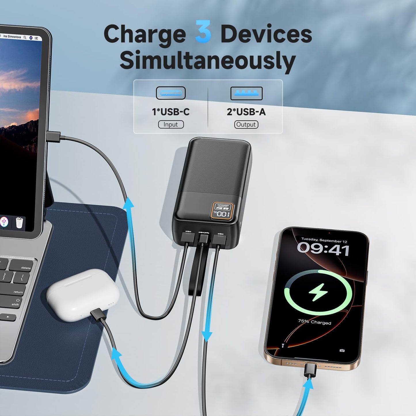 USB-C hub charging a laptop, mouse, and smartphone with text 'Charge 3 Devices Simultaneously'.