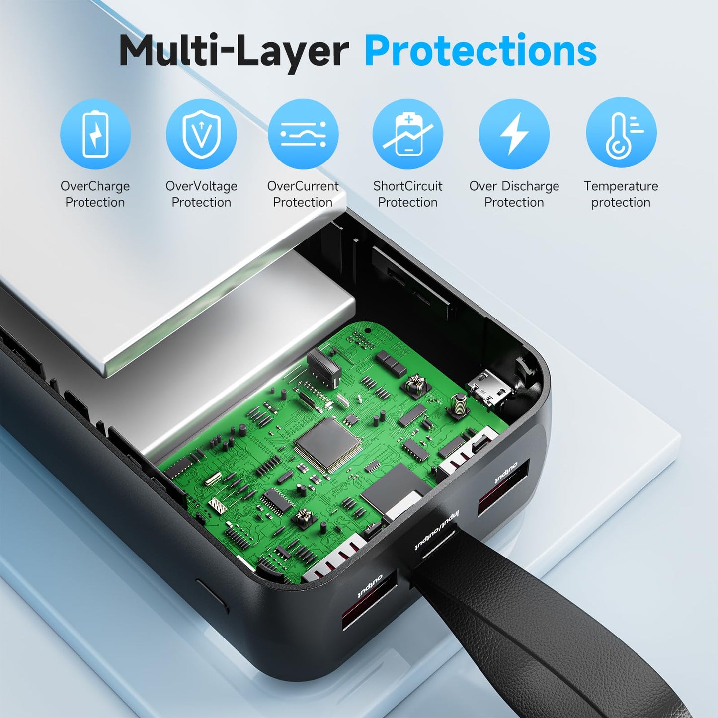 Electronic device with green circuit board and black casing, featuring multi-layer protections on a light blue background.
