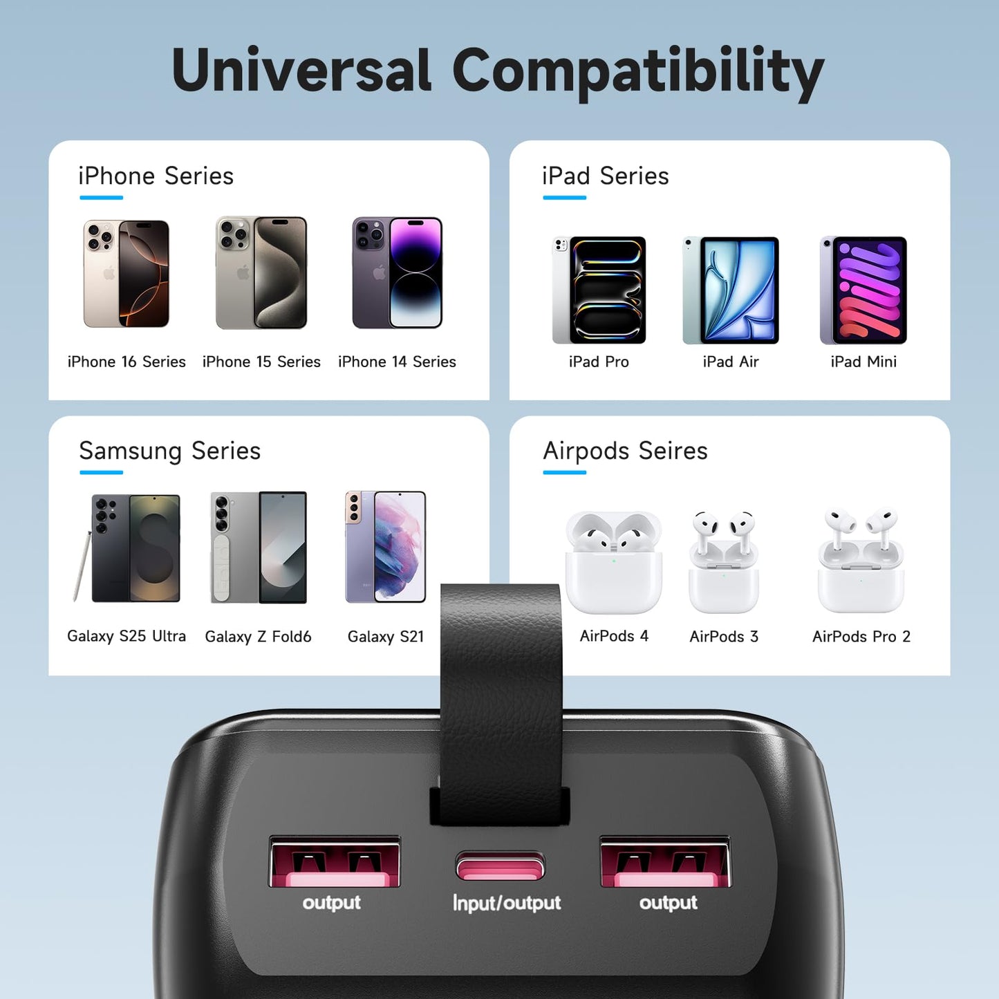 Universal compatibility chart with smartphone and earbud series on a light blue background