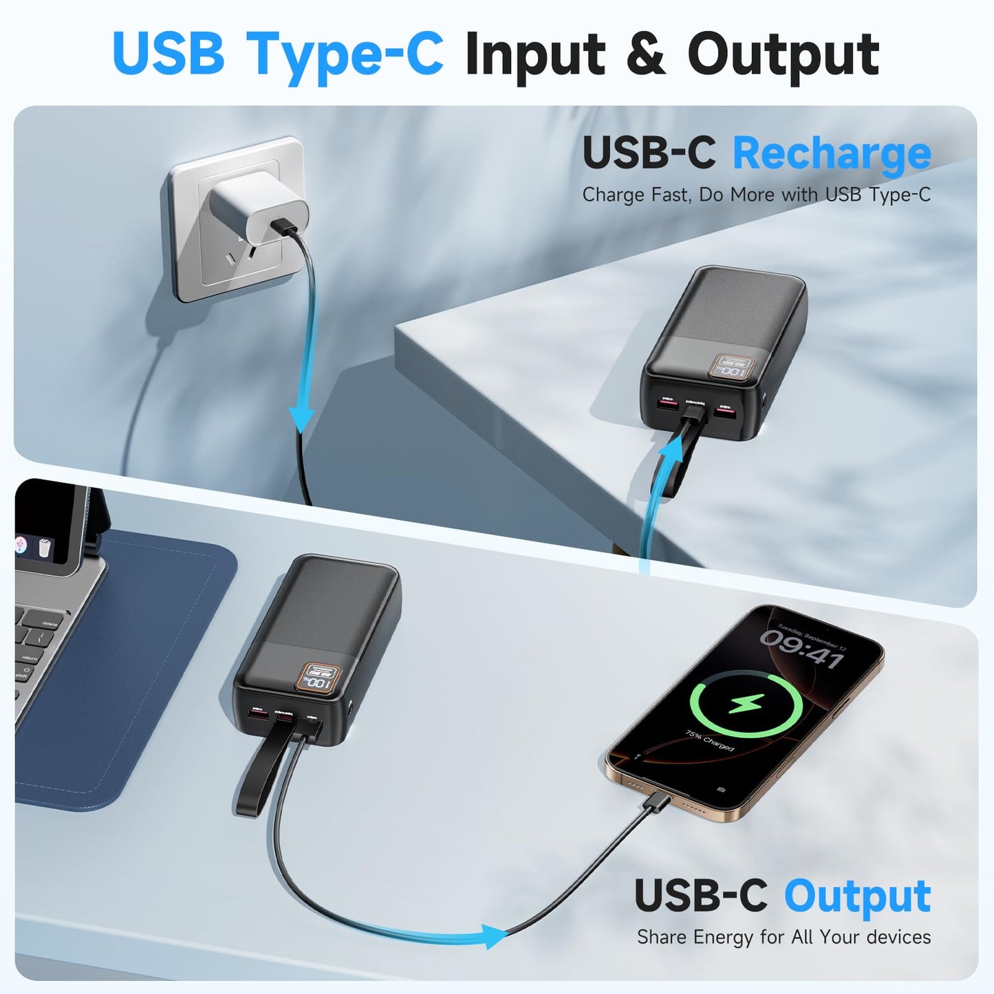 Collage of USB Type-C charging scenarios with devices and power adapter.