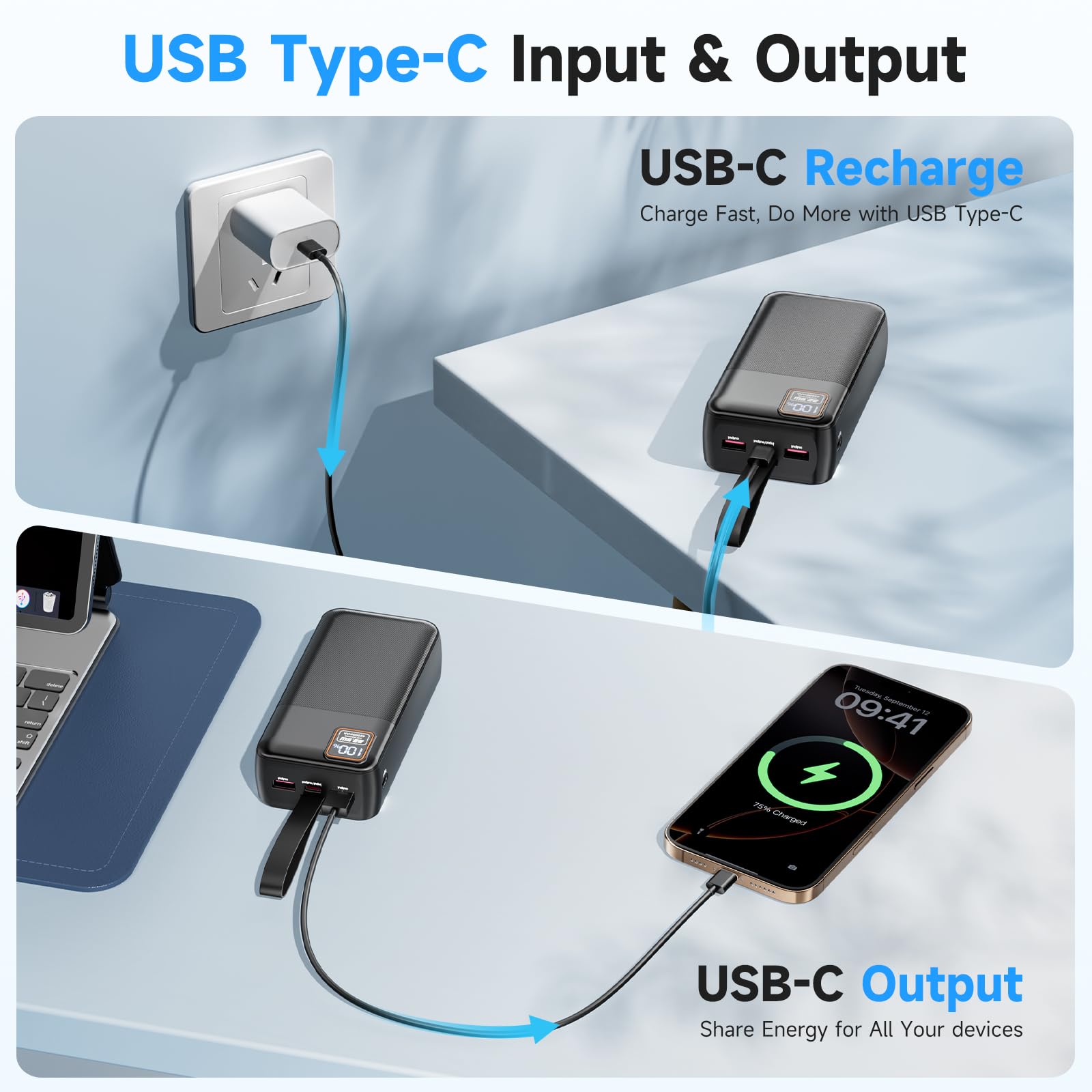 Collage of USB Type-C charging scenarios with devices and power adapter.